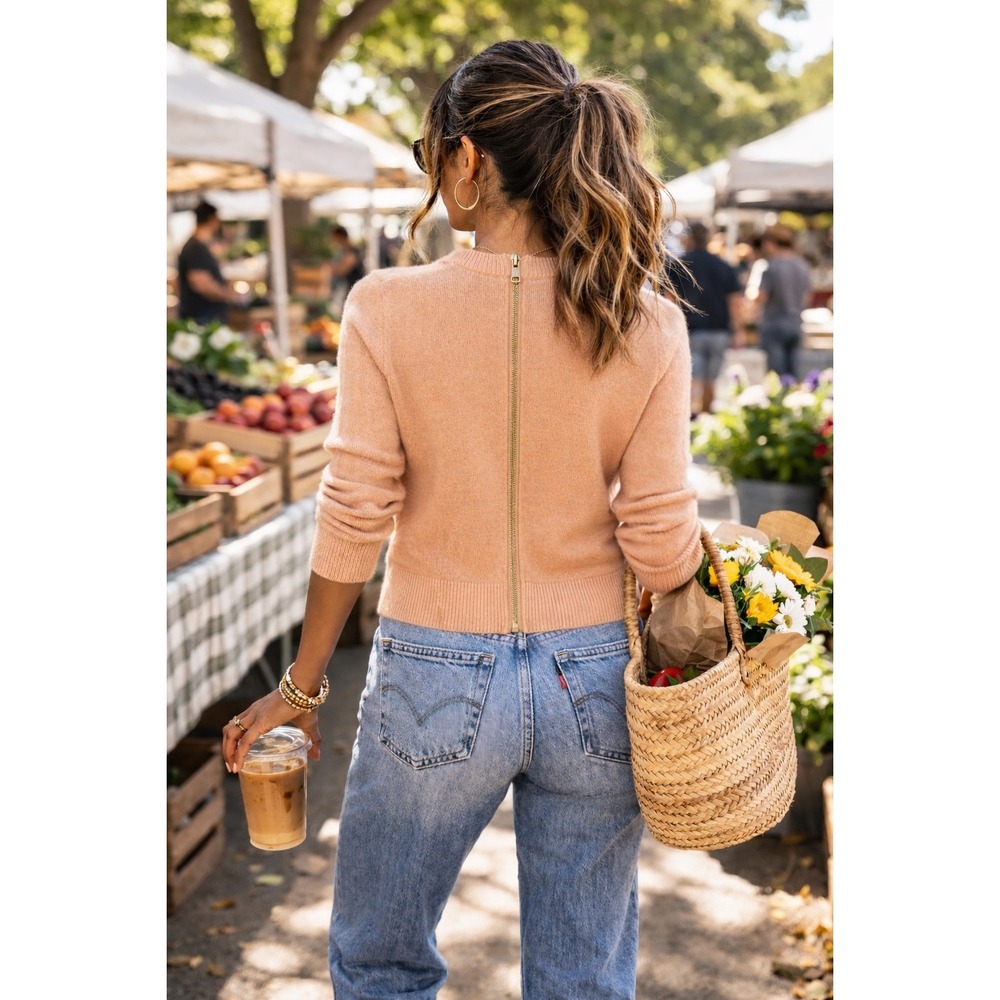 J.Crew Italian Cashmere Sweater Women's Medium Peach Gold Zip Detail‎